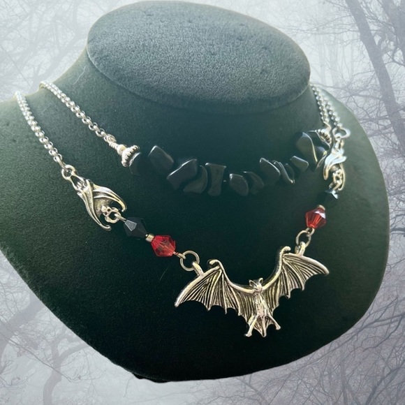 Silver Bat choker necklace . Double layer onyx chips & bats Handmade goth boho - Picture 8 of 16